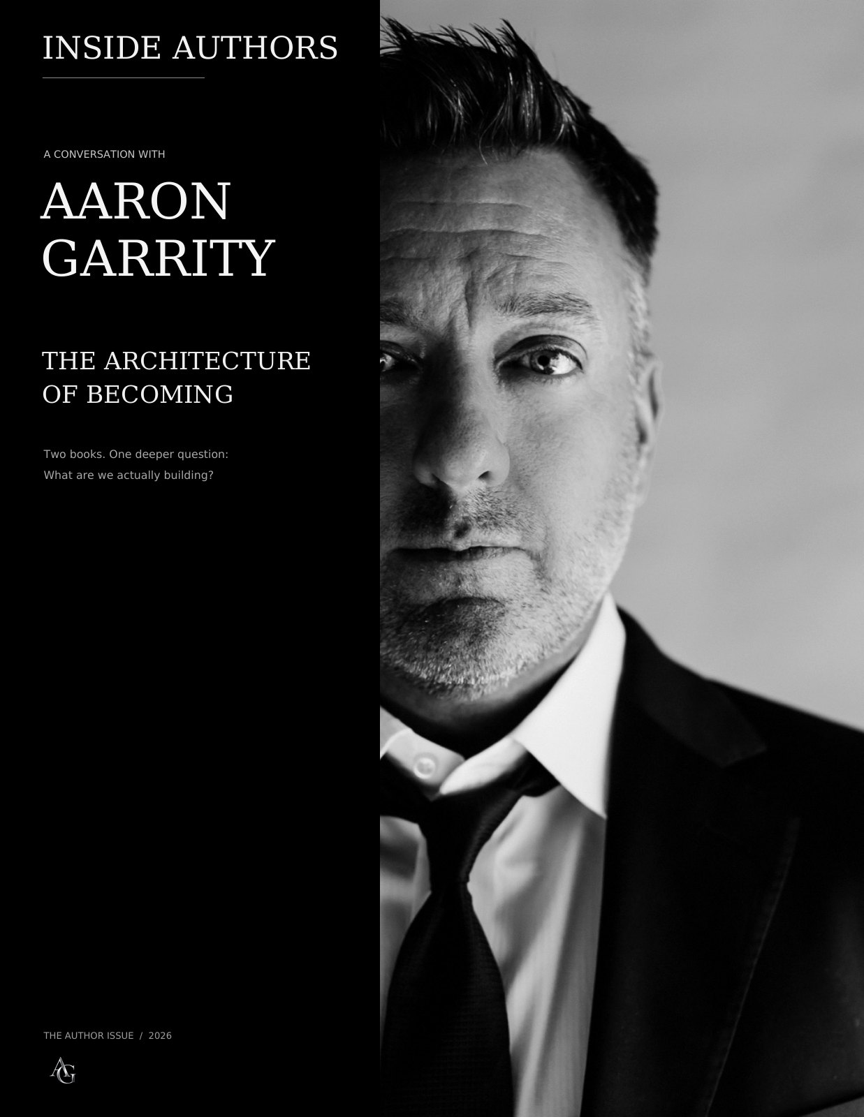 Inside Authors: The Architecture of Becoming, approved editorial cover featuring Aaron Garrity